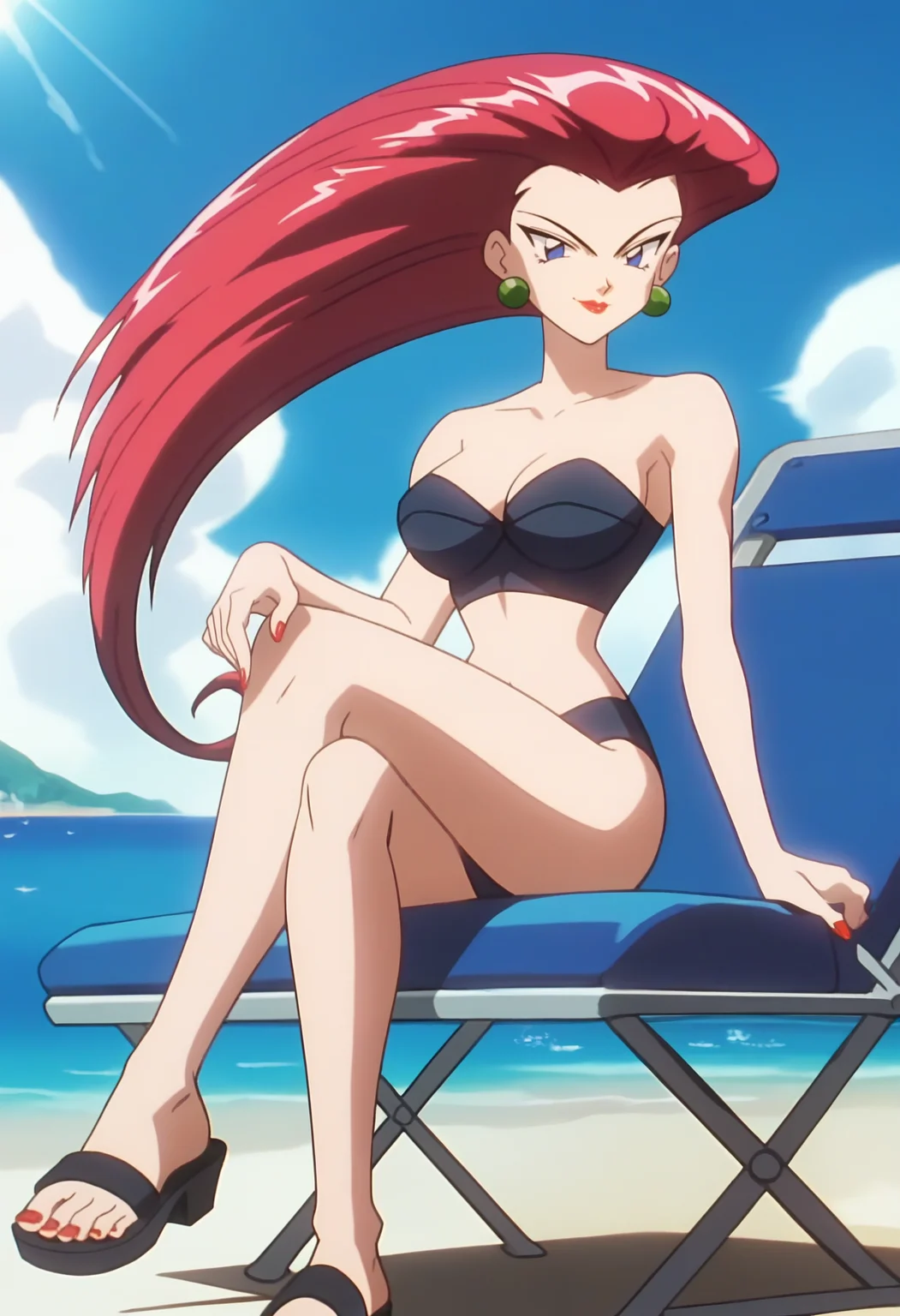 score_9, score_8_up, score_7_up, score_6_up, anime screencap, anime coloring, <lora:PMJessieV2:0.9>, PMJessie, red hair, long hair, blue eyes, lipstick, earrings,
strapless bikini, black bikini,
crossed legs, sitting, lounge chair, seductive smile, seductive pose, sandals,
BREAK day, blue sky, sunlight, sunbeam, beach,