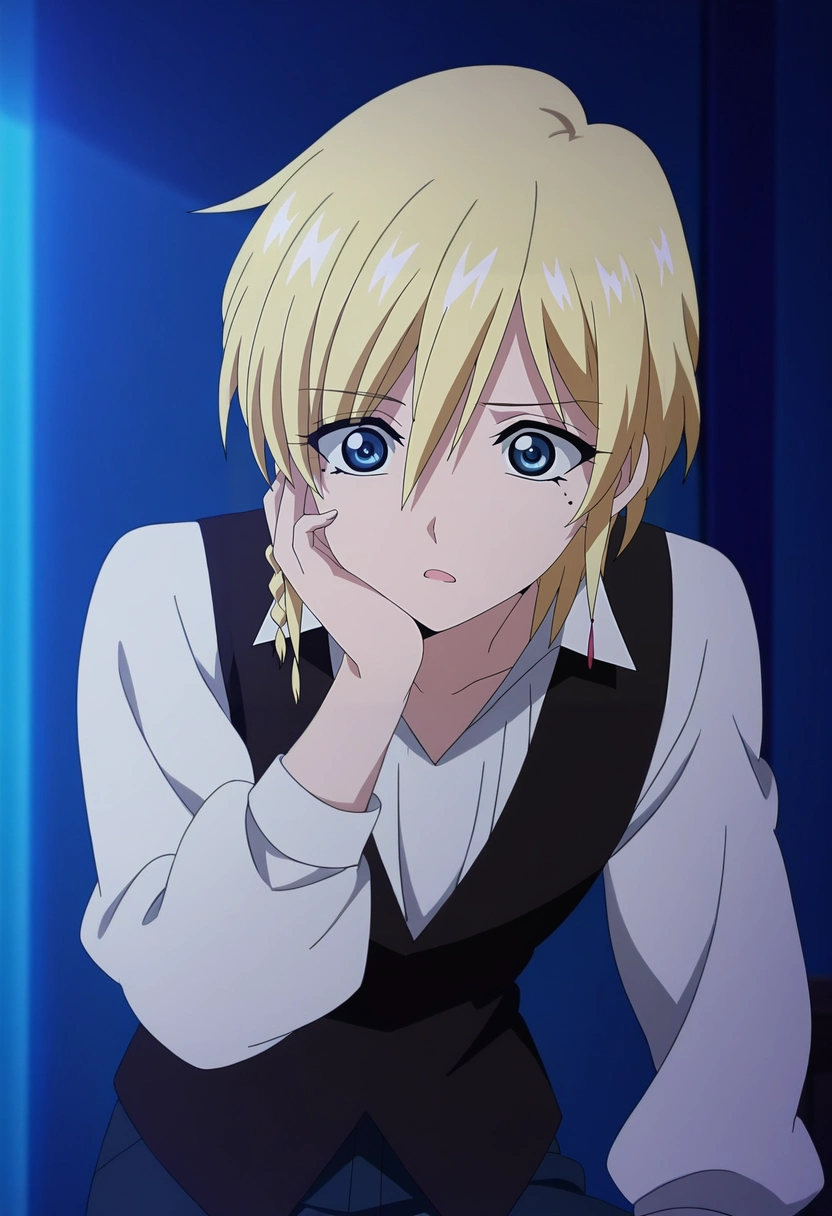 masterpiece, best quality, anime screencap, official style, anime coloring, cowboy shot, 1boy, solo, male focus, <lora:titus_alexius_ilxl:0.92>, titus_alexius, blonde hair, blue eyes, short hair, braid, mole, mole under eye, , , hand on cheek, tilted head, confused expression, casual pose, soft ambient light, vest,