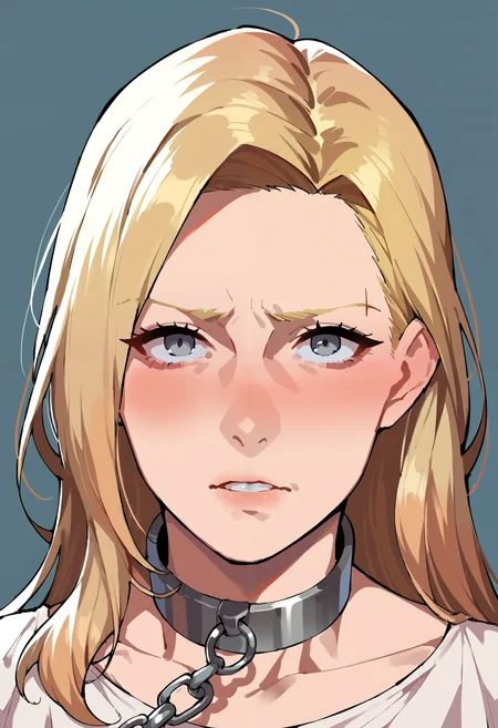 score_9, score_8_up, score_7_up, score_6_up, source_anime, 1girl, blonde hair, simple metal collar, chain leash, grey eyes, looking at viewer, simple background, concerned, raised eyebrow, cute