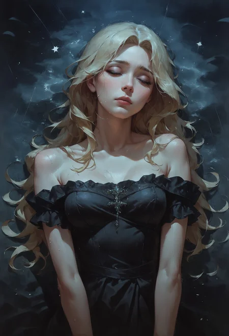 score_9, score_8_up, score_7_up, 1girl wearing a black dress, perfect curves, strapless, suggestive pose, romantic, solo, eyes closed, looking at viewer, beautiful, looking at viewer, sad expression, medium breasts, fantasy, from front, rain, romantic, night, starry sky, (blonde hair, mid parted hair, straight hair, long hair:1.2), pronounced blush, d4rk01l <lora:sdxl\Concept Art Twilight Style SDXL_LoRA_Pony Diffusion V6 XL:0.8> <lora:sdxl\vixon_pony_oil:0.7>
