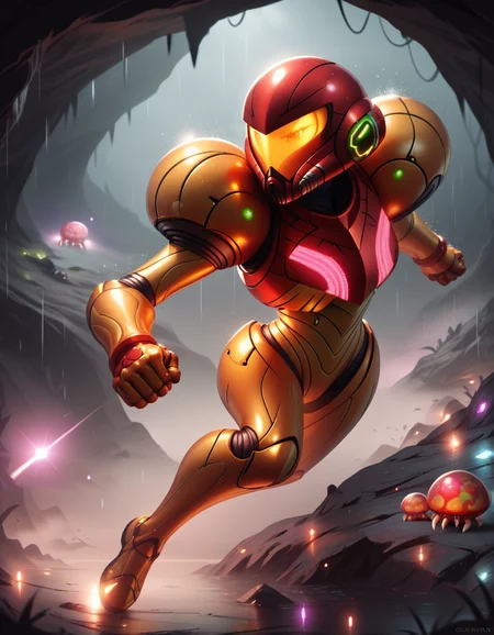 score_9, score_8_up, score_7_up,score_6_up, score_5_up, score_4_up ,1girl, solo, 
SamusDGarmor,
powersuit,   glowing, helmet, green visor,
 science fiction, rain, metroid \(creature\), galaxy, cave, night, dim lighting, 
clenched hands, 
eyes,
fog, 
fighting stance, battle, damaged, 
 <lora:Samus DALL E 3  PonyXL-000003:1>