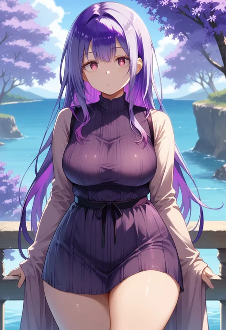 score_9, score_8_up, score_7_up, 1girl, solo, FujisakaLP, (split eyes), scenery, (big breasts:0.8). (wide thighs:1.1), (wide hips:1.1), (mature woman:1.1), (high gradient eyes:1.2), araffes with purple hair is getting her hair done, hair coloring, purple highlights, purple streaks in hair, violet hair, ultra violet highlights, flowing purple hair, purple hair, long violet hair, lavender hair, purple long hair, violet long hair, two color hair, lilac hair, light iridescent hair color, violet color, dye hair, long purple hair