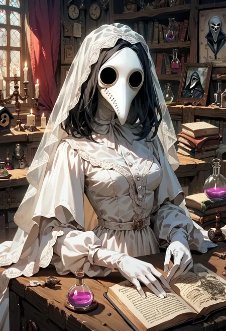 score_9, score_8_up, score_7_up, extremely detailed, detailed background, source_anime, plague doctor, white veil, fancy veil, holding poison vial, white plague doctor mask, inside, (potion shop), candles, candlelight, hands on desk, white surgery dress, looking at viewer, book, picture in book, glyphs in book