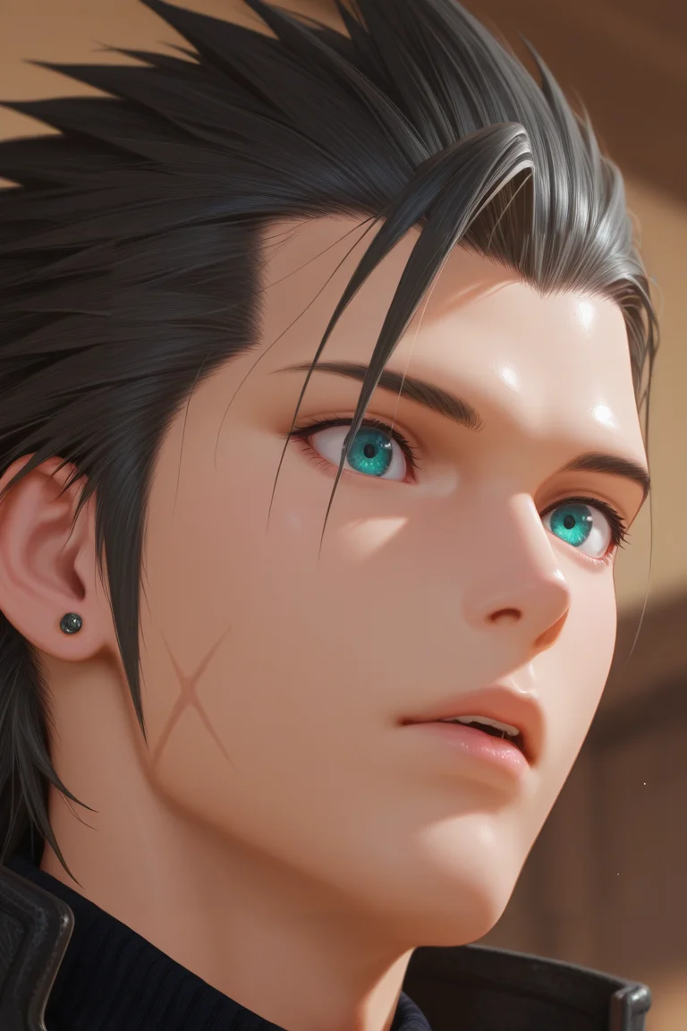 masterpiece, best quality, amazing quality, highres, absurdres, intricate detail,semi-realistic , , , 1boy, solo, male focus , , , <lora:zack_fair:0.79>, zack fair,black hair,aqua eyes,short hair,hair slicked back,spiked hair,scar on cheek,stud earing,close up,from below,portrait,lips,blurry background,surprise