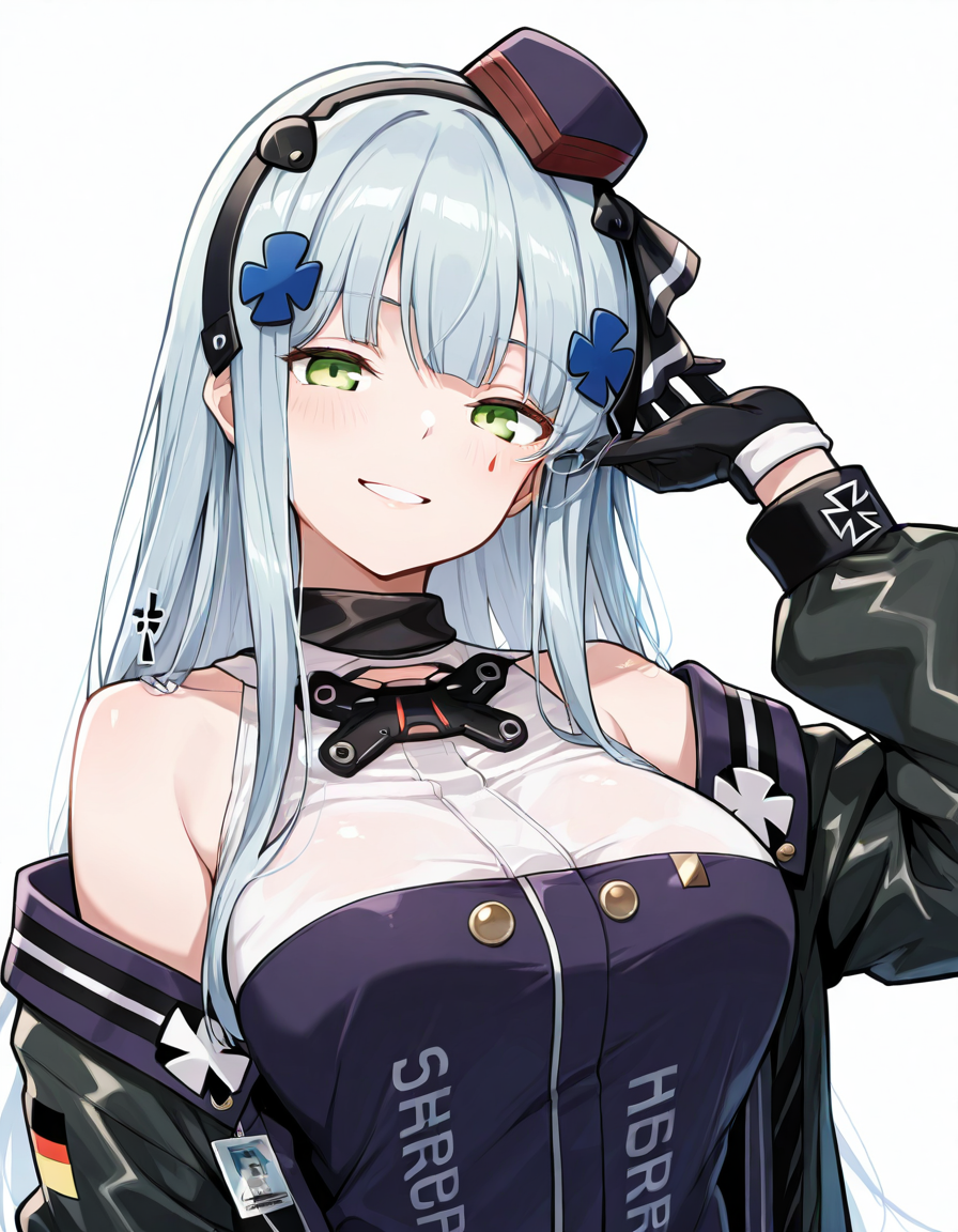 Volumetric Lighting, (masterpiece), (best quality), (ultra-detailed), masterpiece, source_anime, score_9, score_8_up, score_7_up BREAK, illustration, disheveled hair, detailed eyes, perfect composition, moist skin, intricate details, detailed eyes, detailed face, detailed fingers BREAK, grey hair, light blue hair, long hair, green eyes, teardrop facial mark, BREAK, 416mod3, mod3_dress, mod3_hairband, mod3_jacket_strap, mod3_jacket, mod3_mini_hat, mod3_gloves, 416_hair_ornament, mod3_id_card BREAK, ((white background)), looking at viewer, smile,upper body,bare shoulder,hand up, face focused