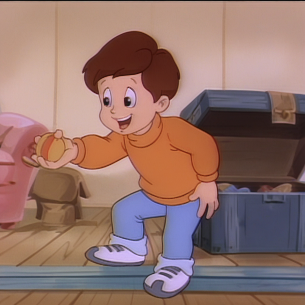 score_9_up, score_8_up, BREAK, peterwalker, 1boy, human, male child, brown hair, brown eyes, orange sweater, blue pants, gray footwear, toybox, playing with ball, happy, <lora:Peter_Walker_Care_Bears:1>