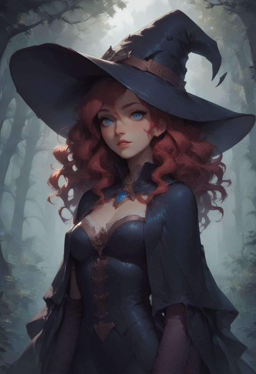 score_9, score_8_up, score_7_up, detailed, 1girl, Ianmae, blue eyes, medium hair, witch hat, black robes, long sleeves, long gloves, forest, volumetric lighting