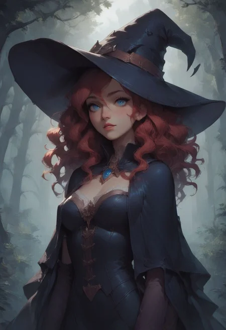 score_9, score_8_up, score_7_up, detailed, 1girl, Ianmae, blue eyes, medium hair, witch hat, black robes, long sleeves, long gloves, forest, volumetric lighting
