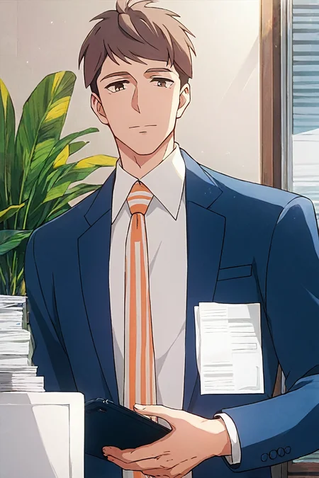 (score_9, score_8_up, score_7_up), (source anime, best quality, best aesthetic, perfect anatomy), 1boy, kentaro momose, male_focus, handsome detailed face, black eyes, black jacket, blue jacket, collared shirt, slim body, skinny, orange necktie, solo, modern office, portrait, <lora:aesthetic_anime_v1s:0.8>, <lora:Kentaro Momose_PDXL:0.85>
