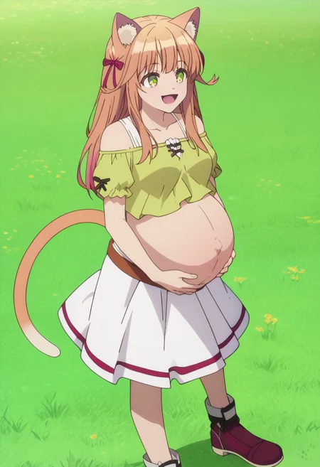 score_9, score_8_up, score_7_up, best quality, masterpiece, 4k, perfect lighting, very aesthetic, anime, anime coloring, official art, anime screencap,
OverallDetail, fFaceDetail
bedroom, huge pregnant belly, happy, hand on belly, 
BeastTamer-Kanade, midriff, nave, cat tail, bare shoulders green eyes, green shirt, short sleeves, white skirt, brown belt, black shoes, belly botton