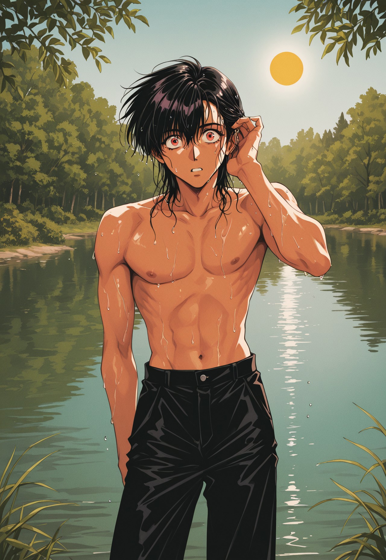 MinekuraStyle, official art, cover, 1990s style, retro artstyle, film grain, BREAK
1boy, topless male, wet skin, wet hair, standing, lake, black pants, tucking hair, black hair, surprised, looking at viewer, red eyes, day, sun, tree