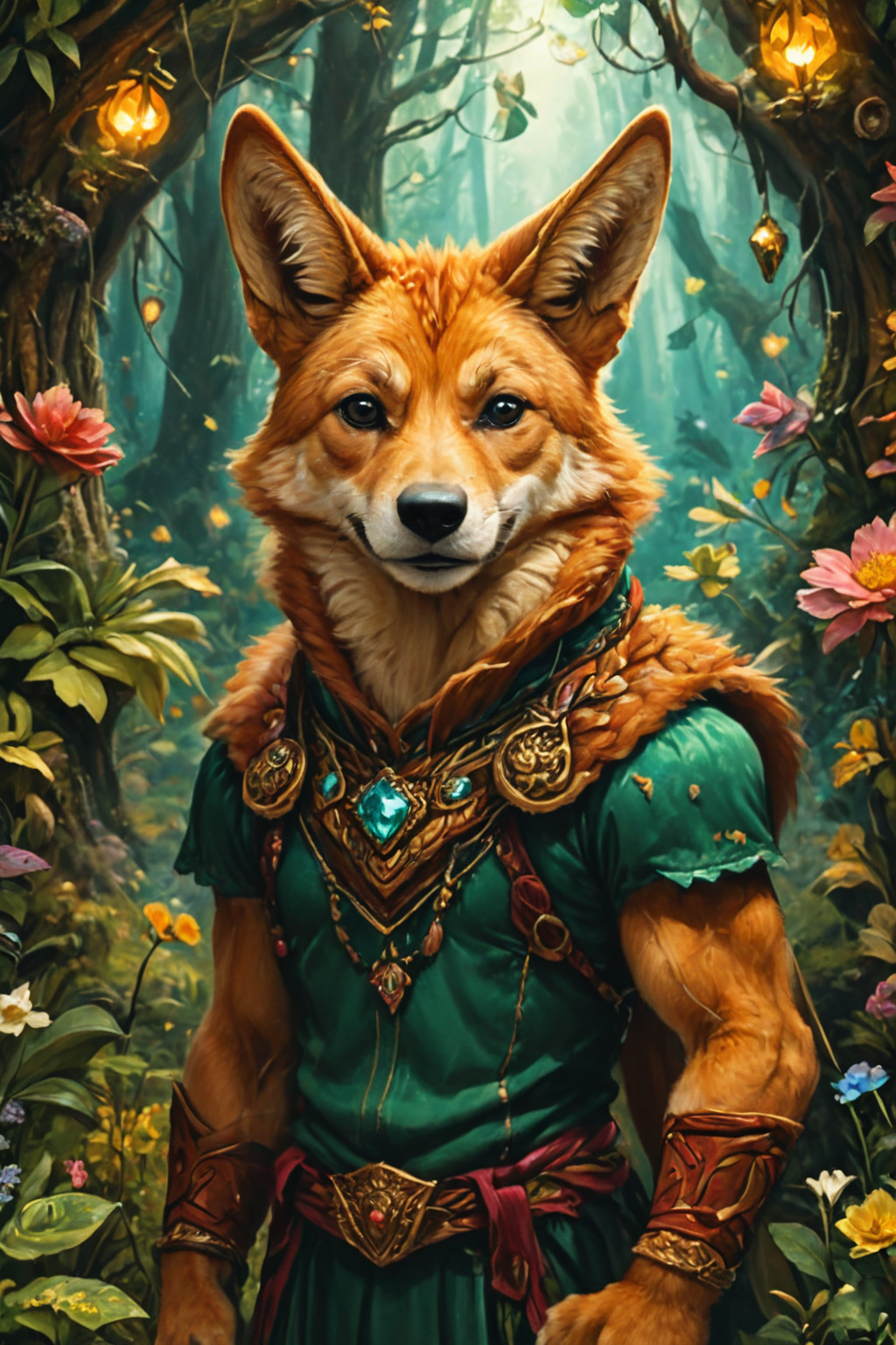 Detailed digital portrait of an anthro Dingo at a Enchanted forest with glowing flora, <lora:xl_more_art-full_v1:0.5>,  <lora:The_Crazy_Style:0.7> <lora:anthro_muscular:0.7>