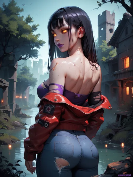 Score_9, score_8_up, score_7_up, score_6_up, score_5_up, solo, from behind, looking_back, looking at viewer, long hair, dark hair, upperbody, breasts, Glowing, collarbone, cracked skin, Glowing eyes, yellow eyes, single bare shoulder, torn clothes, purple lips, orange eyes, slit pupil, colored sclera, torn jacket, purple dress, red jacket, jeans, bettereyes, detailed_eyes,
Outdoors, swamp, cityscape, archaic, night sky, night, ruins, tree, city, gothic architecture, fog, mist,
<lora:Concept_Eye_Detail_-_Pony-000004:0.8> zPDXL2 <lora:g0th1cPXL:0.5>