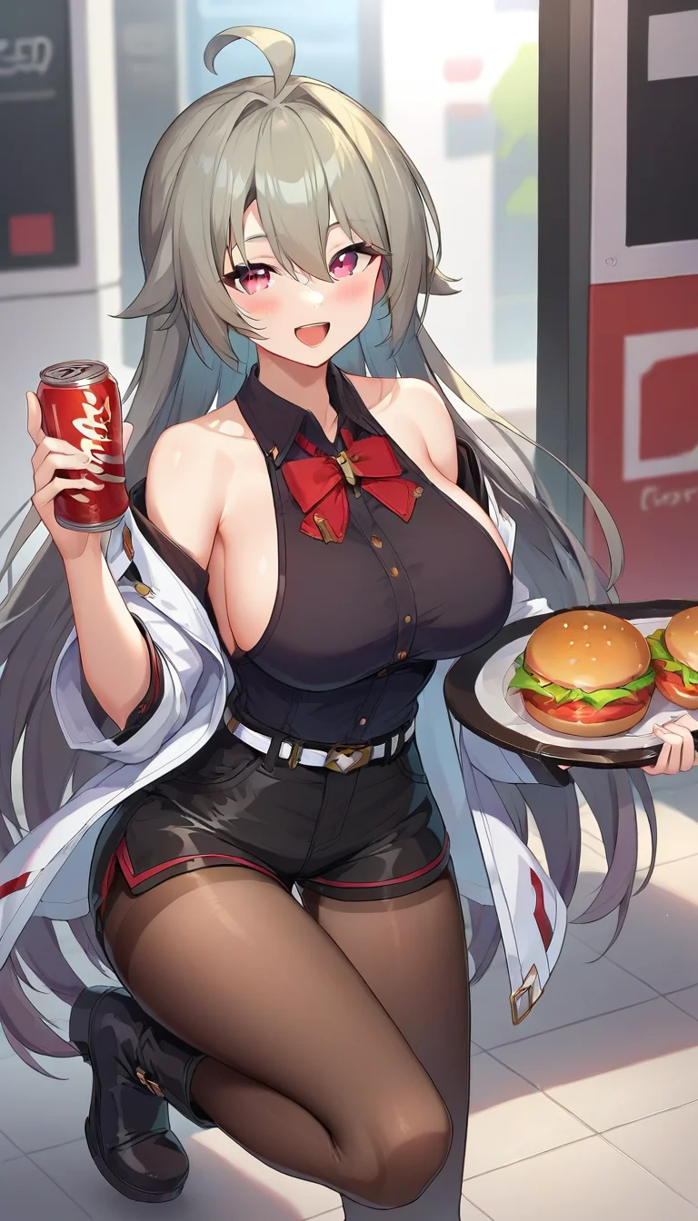 score_9,score_8_up,masterpiece,best quality,correct anatomy,anime_source,1girl,solo,perfect eyes,perfect arms,perfect legs,perfect face,outdoors,upper body,(portrait:1.5),looking at viewer,facing viewer,smile,blush,Vita,ahoge,very long hair,grey hair,hair between eyes,bangs,pink eyes,off shoulder,collarbone,bare shoulders,white jacket,black shirt,collared shirt,sleeveless shirt,red bowtie,large breasts,detached sleeves,long sleeves,holding tray,food,french fries,burger,drink,soda can,shirt tucked in,white belt,black shorts,short shorts,legwear under shorts,brown pantyhose,ankle boots,black footwear,<lora:Vita(hk3)-Pony:1.4>,