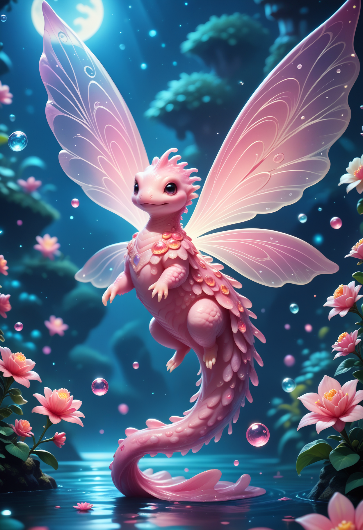 score_9, score_8_up, score_7_up, score_6_up, score_5_up, score_4_up,  elegant, adorable, little pink water monster, magical oasis, water creature, fantasy, night time, moonlight, magical, extremely detailed, beautiful, whimsical, high resolution image, translucent wings