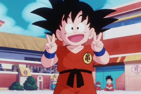 source_anime, score_9, score_8_up, score_7_up, anime screencap,8k, absurd res, 
son goku, solo, open mouth, black hair, 1boy, male focus, outdoors, sky, :o, black eyes, arms up, v, spiked hair, wristband, clothes writing, double v, male child, dougi, orange sky, cowboy shot, symbol, red pants, red topwear, print topwear, looking at another, raised eyebrows, collarbone, blue wristband, black sash, 1980s \(style\), arena, retro artstyle, sleeveless
<lora:gokudb_pony_v2:0.8>