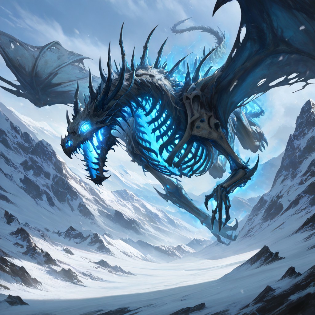 masterpiece, best quality, newest, absurdres, highres, DRALV1.0, undead dragon, undead, skeleton, bones,
flying, glowing, blue eyes, glowing eyes, mountains, snow, ice,