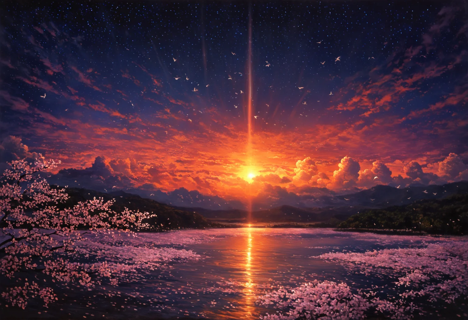 oil painting medium, photorealism, cherry blossoms, mountains, sunset, cumulonimbus cloud, river, no humans, twilight, starry sky, bird, dark, (red sky:0.85), sunbeam, (purple sky:0.75)<lora:gigachad_5a_vpred05_ex.safetensors:1.0>,