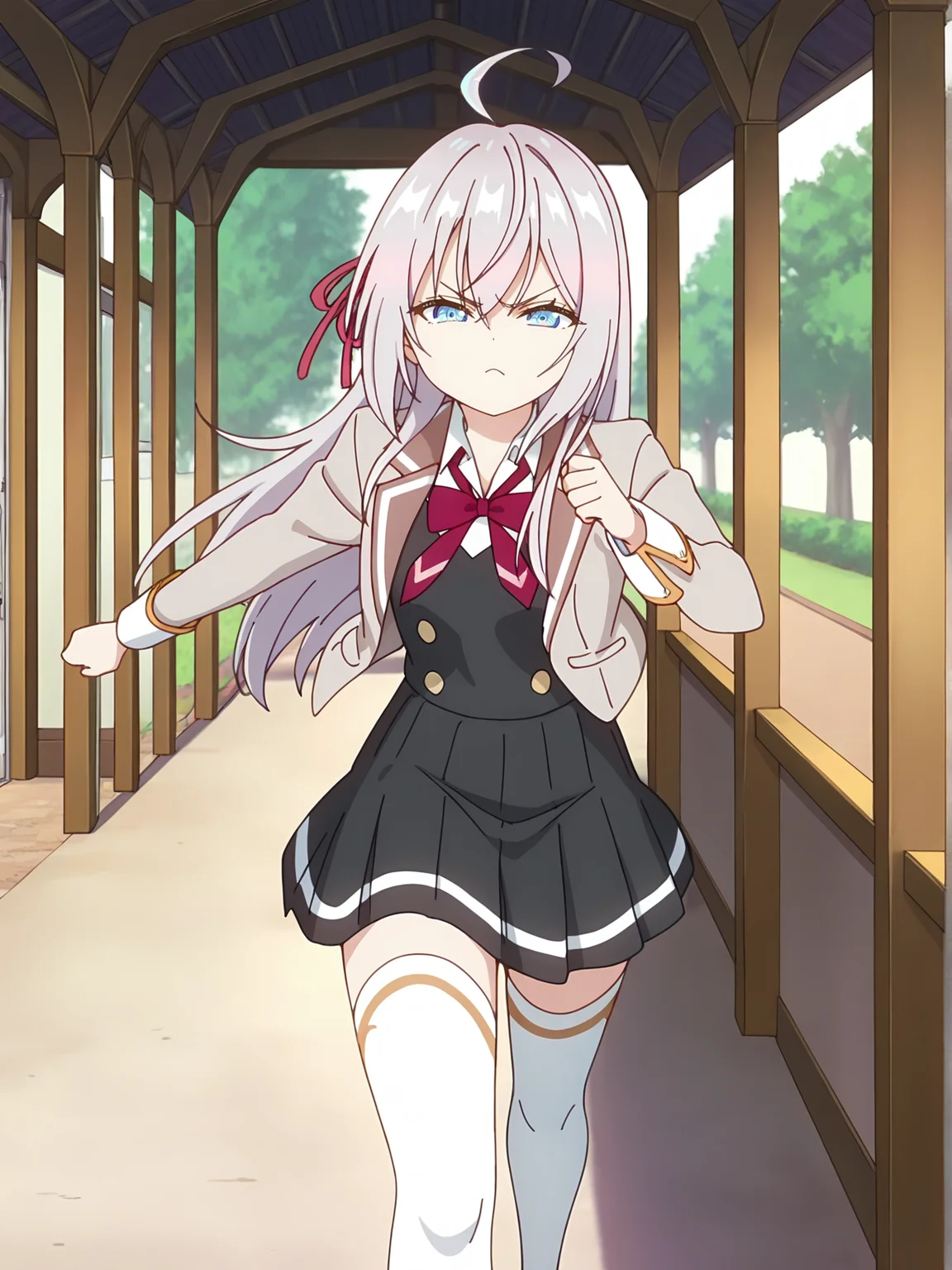 <lora:Alya_v2:0.8>, alya, 1girl, solo, blue eyes, long silver hair, ahoge, red hair bow, school uniform, beige blazer, white collared shirt, red necktie, black buttoned dress, black pleated short skirt, white thighhighs, white loafers, angry, frown, narrowed eyes, closed mouth, running, looking at viewer, full body, feet out of frame, outdoors, tree, hallway, day