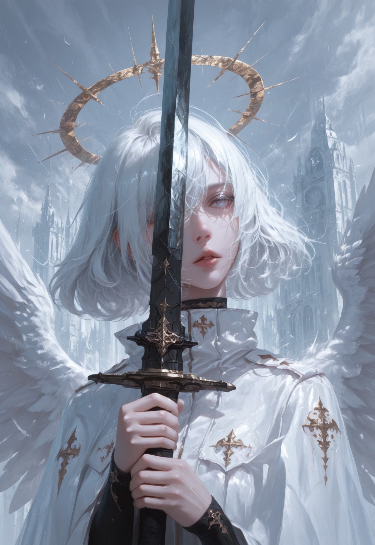 aetrns2, weapon, solo, sword, 1girl, white hair, holding, holding weapon, halo, holding sword, wings, upper body, angel, short hair, lips