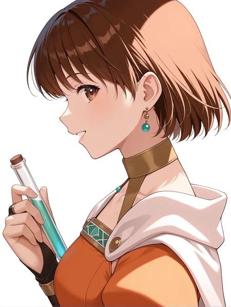 masterpiece,best quality,newest,
1girl,solo,
<lora:Elfir_Traum_ilxl_v1.2:1>,elfir_traum,short hair,brown hair,brown eyes,no headwear,e_clothes,bridal gauntlets,
<lora:Fixhands_anime_bdsqlsz_V1:1>,looking_at_viewer,face_focus,white_background,simple_background,holding test tube,parted lips,;d,profile,