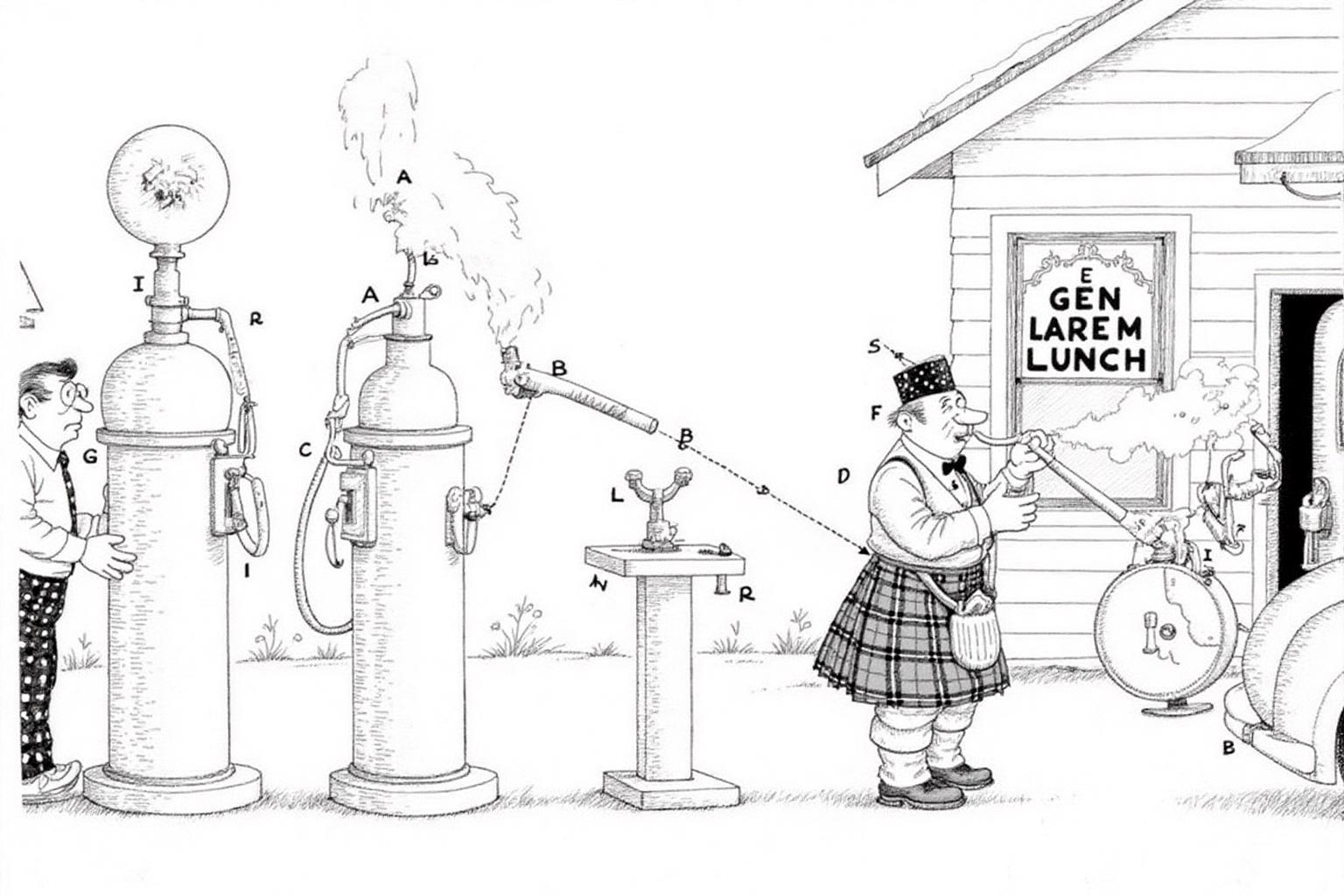 rugo1 illustration. 
The drawing features two men at a gas station. On the left is a man standing beside a gas pump. On the right is a man in traditional Scottish attire, including kilts, sporran, and hats, blowing a wind pipe.
 <lora:rugo1_cap_d6a3e11:1.0><lora:828771342284300548:0>