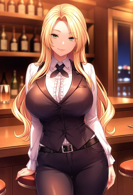 masterpiece, best quality, amazing quality,haruka azuma, green eyes, blonde hair, long hair, mature female, 1girl, breasts, solo,large breasts,closed mouth, light smile, black vest, collared shirt, white shirt,black cross tie, long sleeves, black belt, black pants, cowboy shot, standing, looking at viewer, indoors, bar \(place\), bartender, night, blurry background<lora:haruka azumaV1:0.8>