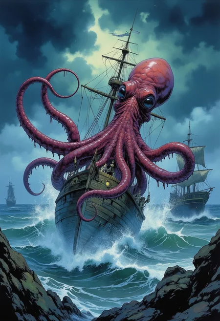 Comic book style 8k high quality digital painting , masterpiece, very detailed, ultra realistic, (best quality) very detailed epic masterpiece, a sailing ship on a stormy ocean is being attacked by a giant squid emerging from the water, tentacles winding around the ship, big waves, dramatic dark sky, action, scary, best quality, epic scene, Dungeons and dragons atmosphere, heroic fantasy, fna_style, Comic book style