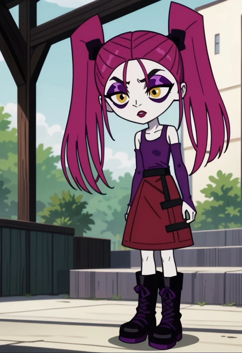score_9, score_8_up, score_7_up BREAK RavenCrp, 1girl, pale white skin, dark pink hair, yellow eyes, black eyeliner, purple eyeshadow, purple mascara, red lipstick, black scrunchies, pigtails, purple tank top, purple arm warmers, red skirt, black boots with purple accents, screenshot, official art, parody, anime footage, official design, screencap, anime screenshot, official screenshot, 2d, anime, source_anime, full body,