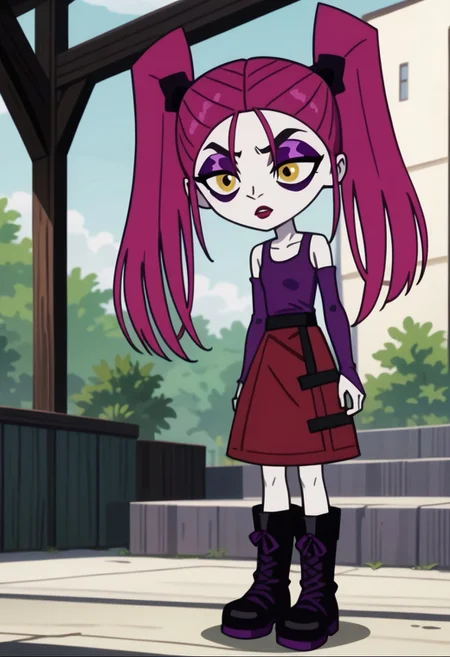 score_9, score_8_up, score_7_up BREAK RavenCrp, 1girl, pale white skin, dark pink hair, yellow eyes, black eyeliner, purple eyeshadow, purple mascara, red lipstick, black scrunchies, pigtails, purple tank top, purple arm warmers, red skirt, black boots with purple accents, screenshot, official art, parody, anime footage, official design, screencap, anime screenshot, official screenshot, 2d, anime, source_anime, full body,
