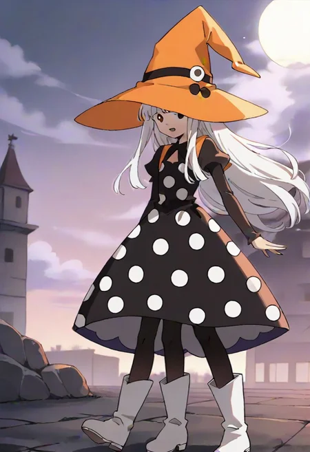 source_anime, anime, (vivid colors, bright colors:1.1),, adult, white hair,long hair,bangs,orange hat, thin hat, witch hat, black dress,black pantyhose,white boots,polka dots,polka dot dress, <lora:Eureka_Frog_v10:1>,