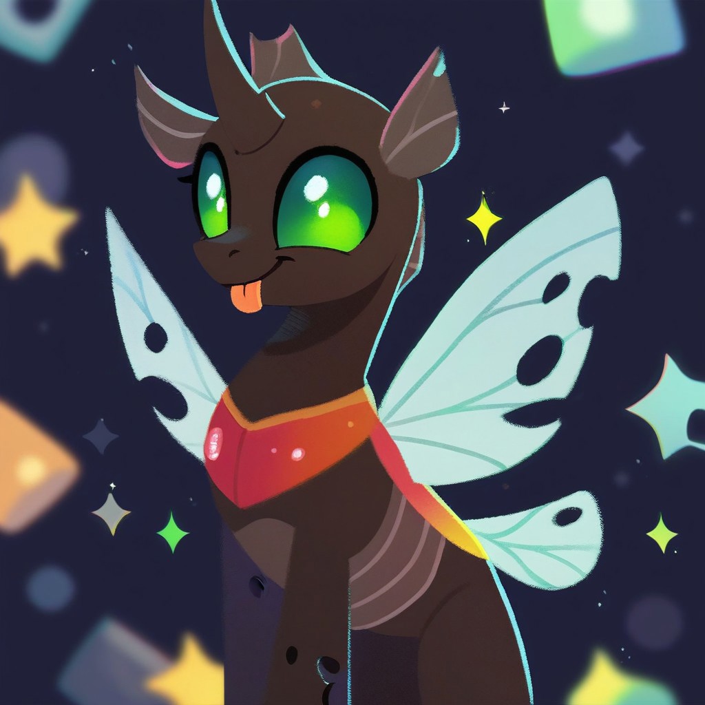 score_9, score_8_up, score_7_up, score_6_up, score_5_up, score_4_up, pikaole, solo, changeling drone, a dark skinned changeling with green eyes and a bald, short pale tail, no cutie mark, no humans, animal focus, animal, tongue out,playful, happy, coy, sparkles, portrait, proud, chin up, source_furry, my little pony, abstract background, rating_safe, soft focus, blurry edges, blurry