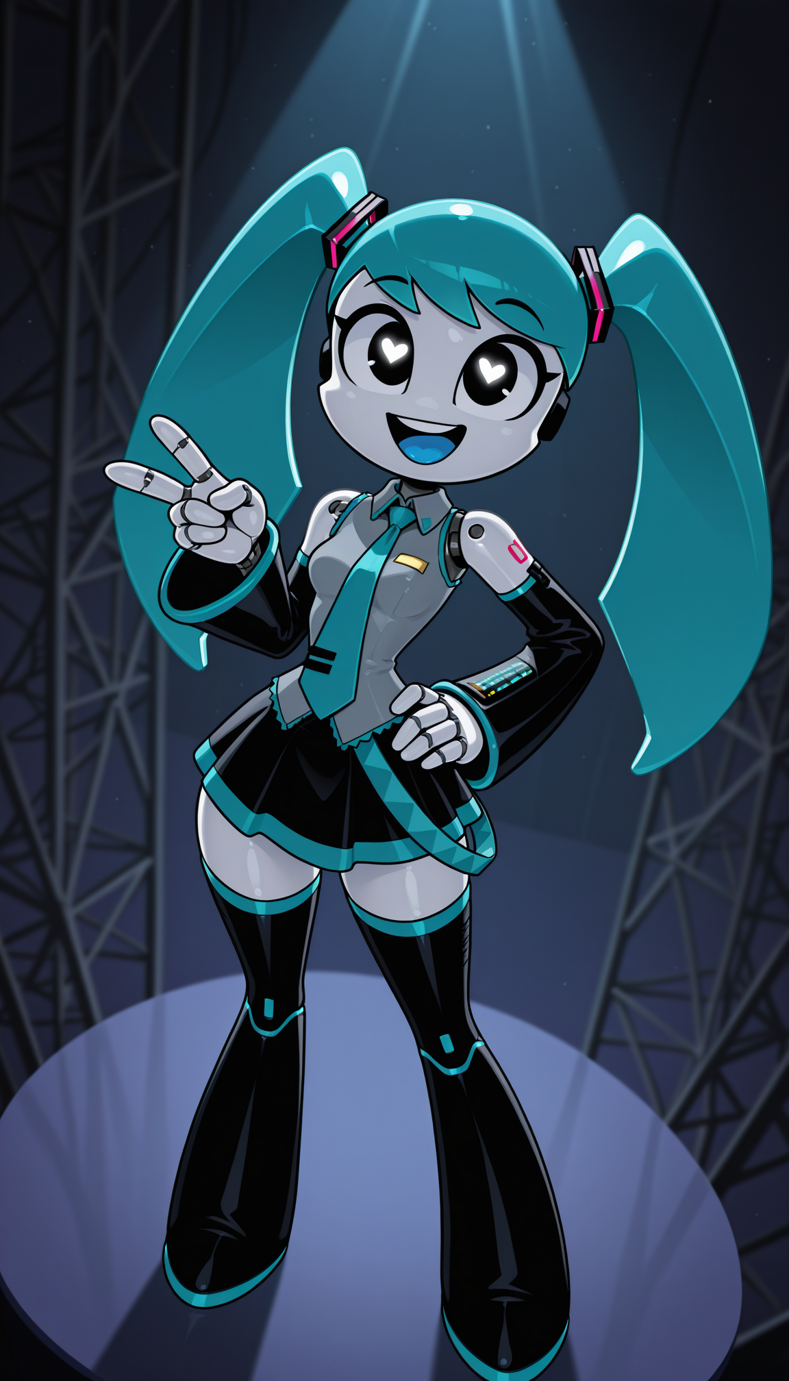 masterpiece, best quality, amazing quality, 4k, very aesthetic, high resolution, ultra-detailed, absurdres, newest, scenery, cartoon, toon, dramatic light, 1girl, solo, (jenny wakeman:1.3) AND hatsune miku, (robot, android, part lines:1.2), (white skin, metalic skin, ceramic skin:1.2), collared wide detached sleeve grey shirt, necktie, skirt, thighhighs, (no nose:1.2), [shiny black eyes:symbol-shaped pupils:13], bright pupils, big eyes, one eye half-closed, (winking:0.8), open mouth, smile, blue tongue, standing, posing, twisty pose, head tilt, legs apart, long hair, small breasts, wide hips, narrow waist, from above, face focus, dutch angle, v, one hand on hip, cyberpunk, stage, blue neon, spot light, fine shiny fablic emphasis, BREAK, robot white hands, fingers, eyes, extremely detailed eyes, photorealistic detail, detailed background, volumetric lighting, depth of field