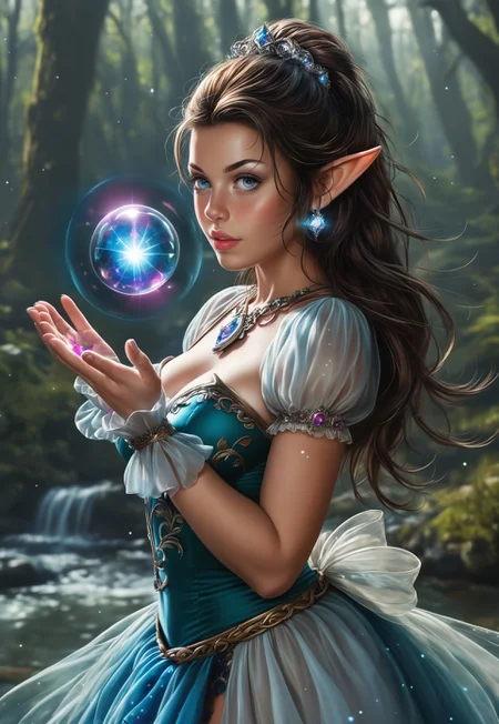 RAW photo, Hyper realistic, realistic photo, masterpiece, stunning, best quality, expression, a highly detailed, young beauty woman, ((style fantasy elf)), ethereal gown with flowing fabric, curvy body, highly detailed, brunette, dynamic angle, ultraHD
dynamic pose
BREAK
(((full-clothed))), ((enchanted crystal orb in hands, glowing magic sphere in hands))
mystical forest background
<lora:add-detail-xl:1>
<lora:Dynamic Poses:1>
<lora:DandonFuga_Style_v.2_-_Pony:0.8>