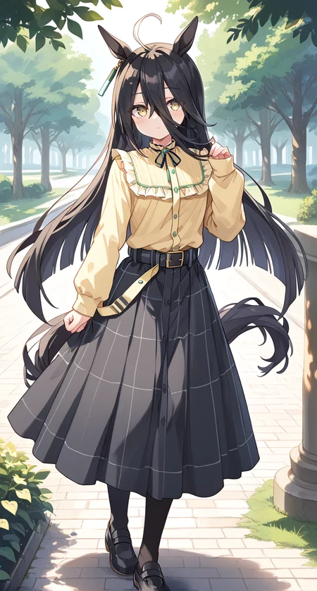 score_9,score_8_up,score_7_up,
official art,official style,game cg,megami magazine,
1girl,
mht casual,manhattan cafe (umamusume),
ahoge,animal ears,belt,belt buckle,black hair,black skirt,
buckle,earrings,frilled shirt collar,frills,hair between eyes,
highres,horse ears,jewelry,long hair,multicolored hair,neck ribbon,
ribbon,shirt,shirt tucked in,single earring,skirt,yellow eyes,yellow shirt,
blush,long sleeves,horse girl,black footwear,black pantyhose,
horse tail,pantyhose,tail,black belt,casual,long skirt,
very long hair,plaid,plaid skirt,puffy sleeves,eyebrows visible through hair,eyes visible through hair,
frilled shirt,puffy long sleeves,
standing,
<lora:umamusume_manhattan_cafe_pony_v1:1>,