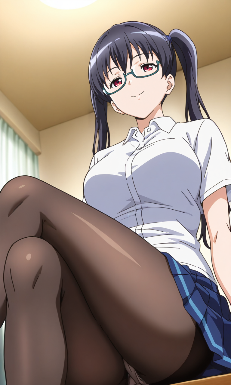 masterpiece, best quality, high resolution, absurdres, solo, 1girl, Kosaka_Iori, red_eyes, black_hair, long_hair, twintails, medium_breasts, glasses, school_uniform, collared_shirt, white_shirt, pleated_skirt, from_below, looking_at_viewer, smile, black_pantyhose, crossed_legs, pantyshot, panties, indoors, school