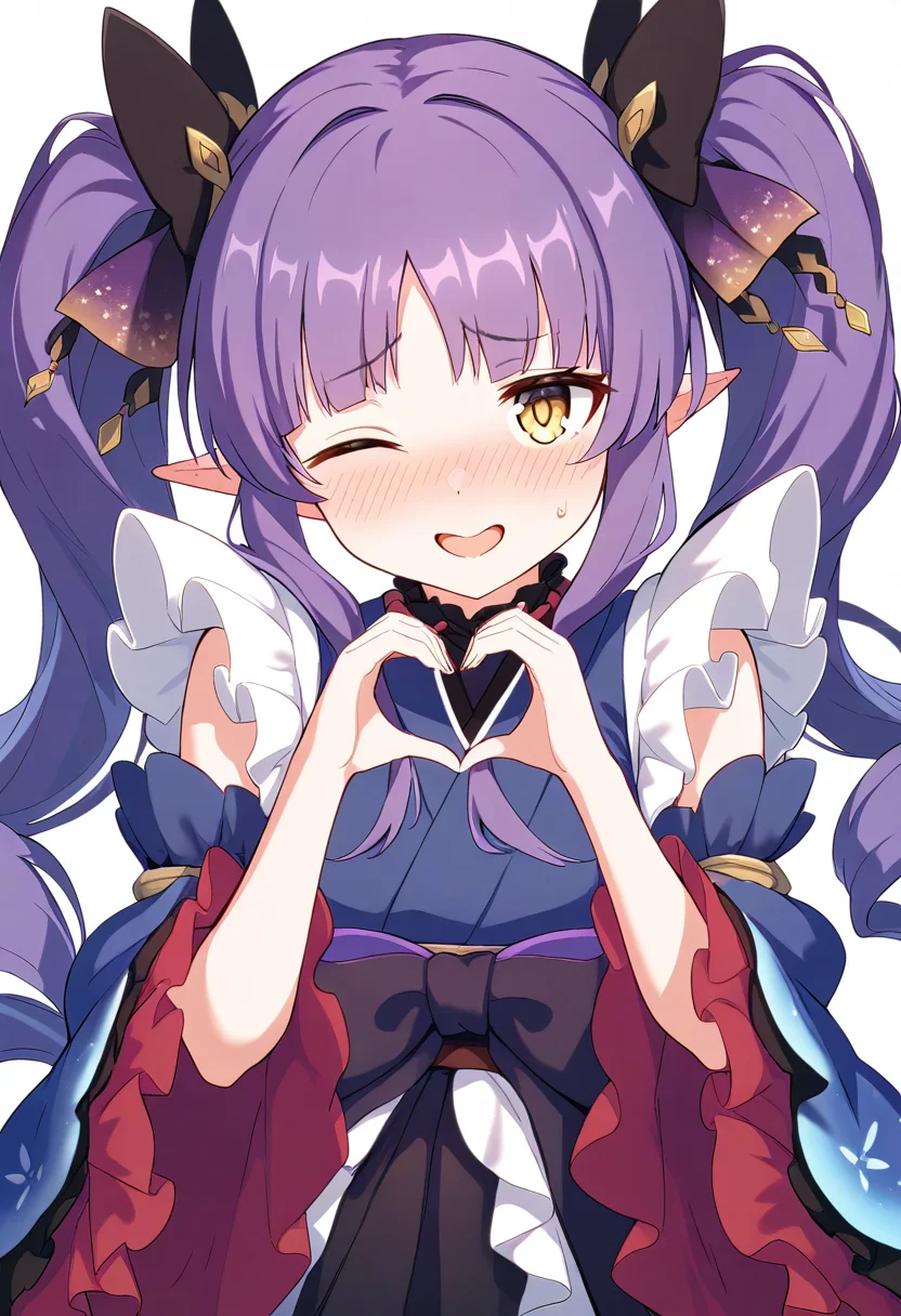 masterpiece,high score,great score,absurdres,<lora:Kyouka_ani4_xl_v1-000014:0.8>,
kyouka \(princess connect!\),1girl,blue dress,japanese clothes,wide sleeves,twintails,very long hair,pointy ears,yellow eyes,purple hair,frills,skirt,shy,open mouth,blush,one eye closed, smile, heart hands, upper body, looking at viewer, simple background, white background,