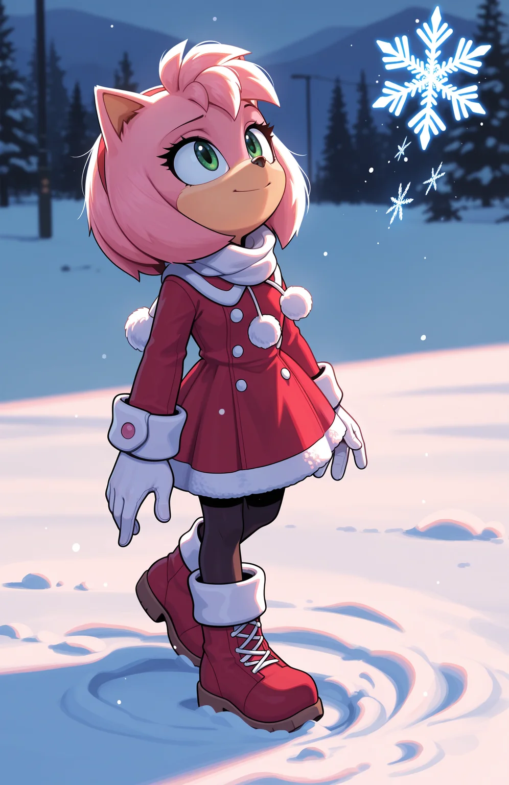1girl, solo, full body, no humans,
<lora:Movie-Amy_v4-30:1> movieamy, petite, short legs, animal nose, pink fur, green eyes, red hairband,
standing, one leg slightly bent, hands at sides, neutral expression, neutral expression,
red dress, fur-trimmed dress, winter clothes, black pantyhose, long sleeves, white gloves, pink cuffs, pom pom \(clothes\), red boots, ankle boots,
snow, winter, outdoors, cold, light smile, looking up, head up, happy, holding hands out, catching snowflakes, extremely detailed, highres, masterpiece, best quality