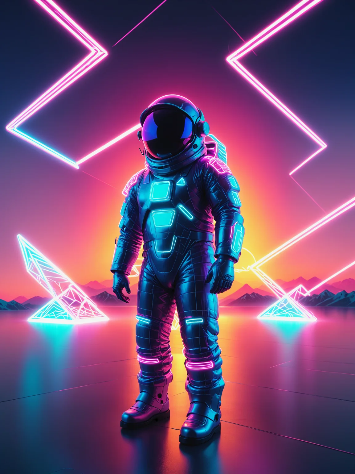 mad-vprwv astronaut floating space, sunset, neon, grid on spacesuit, geometric shapes, outline, vaporwave <lora:Neon_Cyberpunk_Vaporwave_SDXL:1.2>, (masterpiece:1.2), best quality