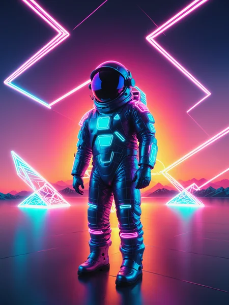 mad-vprwv astronaut floating space, sunset, neon, grid on spacesuit, geometric shapes, outline, vaporwave  <lora:Neon_Cyberpunk_Vaporwave_SDXL:1.2>, (masterpiece:1.2), best quality