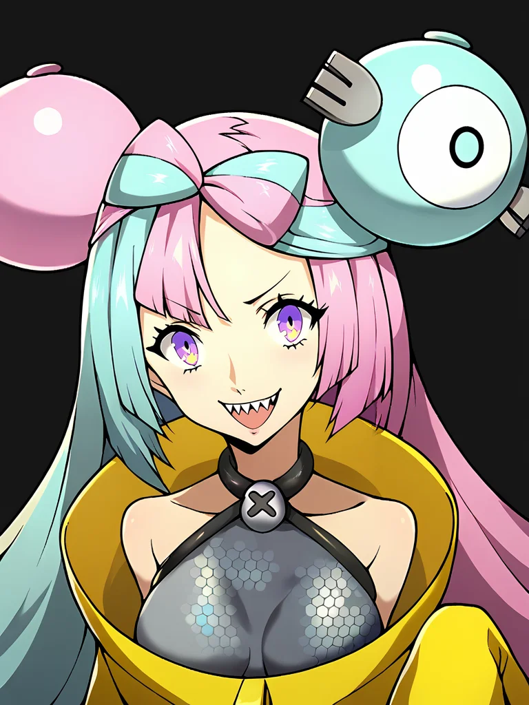 Score_9, score_8_up, score_7_up, source_anime, looking at viewer, (cowboy shot),masterpiece, best quality, upper body, portrait,beautiful, (black background), persona 5, BREAK, iono \(pokemon\), sharp teeth, yellow jacket, BREAK, <lora:Persona_5_Portrait_Style_Pony_upscaled:1>,