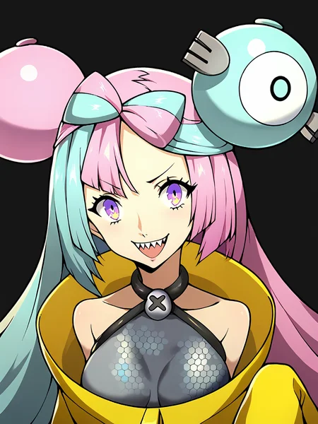 Score_9, score_8_up, score_7_up, source_anime, looking at viewer, (cowboy shot),masterpiece, best quality, upper body, portrait,beautiful, (black background), persona 5, BREAK, iono \(pokemon\), sharp teeth, yellow jacket, BREAK, <lora:Persona_5_Portrait_Style_Pony_upscaled:1>,