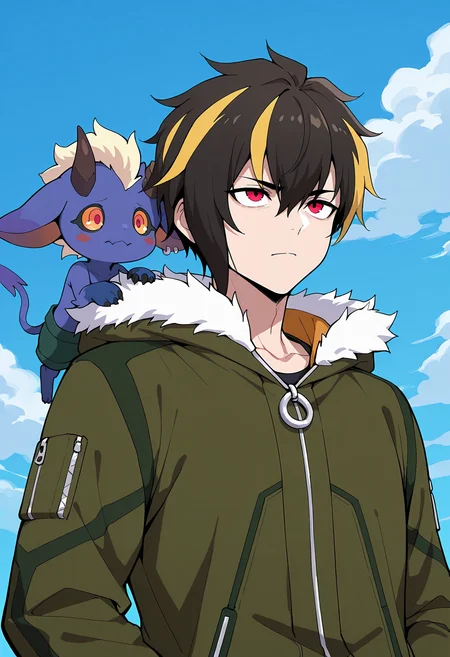 masterpiece,best quality,amazing quality,ryoga jasei,demonium,1boy,male focus,sky,jacket,brown fur-trimmed hooded jacket,blue sky,day,closed mouth,on shoulder,zipper,cloud,upper body,outdoors,<lora:Ryoga_Jasei:1>,