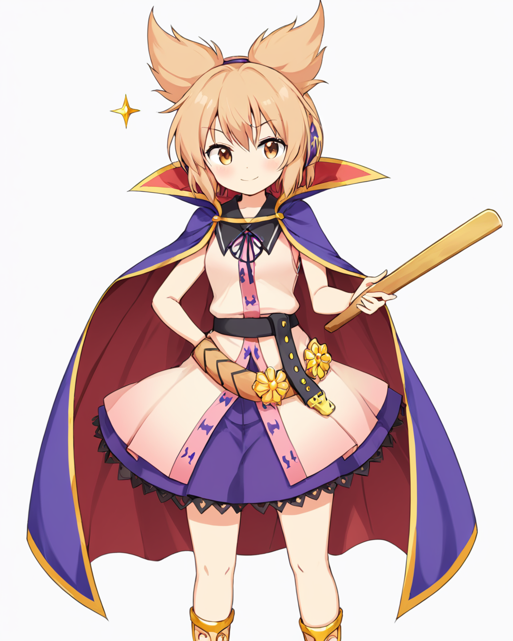 toyosatomimi no miko,1girl, solo, smile, white_background, simple_background, ritual_baton, cape, looking_at_viewer, cowboy_shot, earmuffs, purple_skirt, belt, v-shaped_eyebrows, >:\), hand_on_hip, holding, sleeveless_shirt, standing, bare_arms, sword, miniskirt, sheath, blouse, blush
<lora:toyosatomimi_no_miko_image4798_2023-12-20-000009:1>,star-shaped_pupils,symbol-shaped_pupils,. gorgeous,key visual, vibrant, studio anime,award-winning, professional, highly detailed,high budget, cinemascope