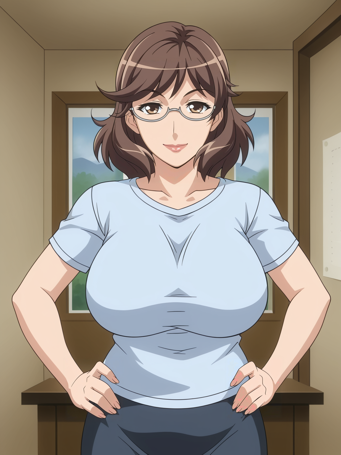 <lora:Anna_Okudera-Okusama_wa_Moto_Yariman:0.7>,Anna,mature female,1girl,solo,glasses,brown hair,brown eyes,short hair,large breasts,t-shirt,skirt,hands on own hips,upper body,smile,looking at viewer,indoors