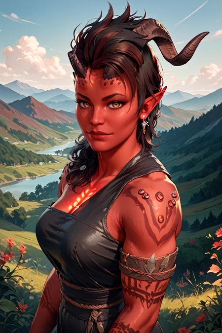score_9, score_8_up, score_7_up, score_6_up
<lora:BGKarlach:1.0>
BGKarlach, 1girl, demon horns, black hair, red skin, looking at viewer, mountain trail, midday, clear and crisp light illuminating the landscape