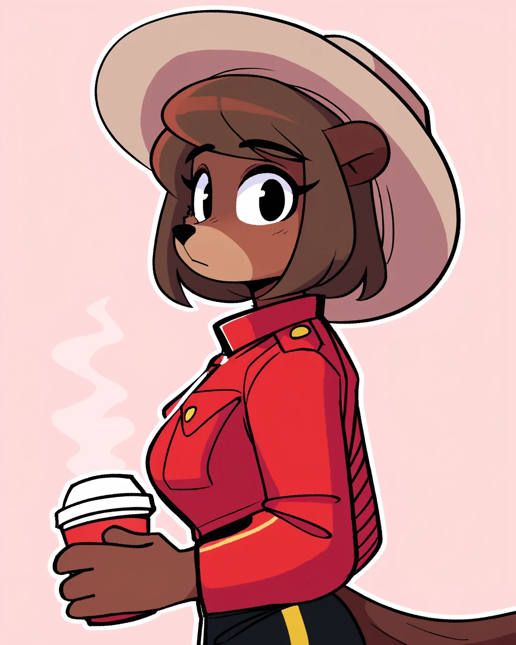 score_9_up, score_8_up, score_7_up, score_6_up, by remanedur, furry female, half-length portrait, female, beaver, furry, black eyes, brown hair, short hair, tail, hat, medium breasts, red jacket, black pants, looking at viewer, holding object, red coffee cup,  solo, side view, simple background, white outline, <lora:Leah_Pines(AIM)_XL_v1:0.15> <lora:PDXL_artist_tags_v2_big:0.5> <lora:The-Minuscule-Task_PDXL_v1.0:0.6>  <lora:Beaver_Girl_Peargor:0.7>