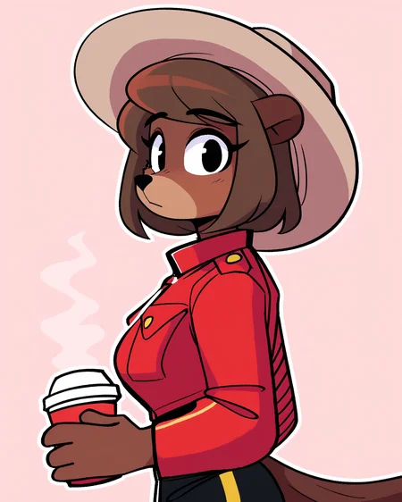 score_9_up, score_8_up, score_7_up, score_6_up, by remanedur, furry female, half-length portrait, female, beaver, furry, black eyes, brown hair, short hair, tail, hat, medium breasts, red jacket, black pants, looking at viewer, holding object, red coffee cup, solo, side view, simple background, white outline, <lora:Leah_Pines(AIM)_XL_v1:0.15> <lora:PDXL_artist_tags_v2_big:0.5> <lora:The-Minuscule-Task_PDXL_v1.0:0.6> <lora:Beaver_Girl_Peargor:0.7>