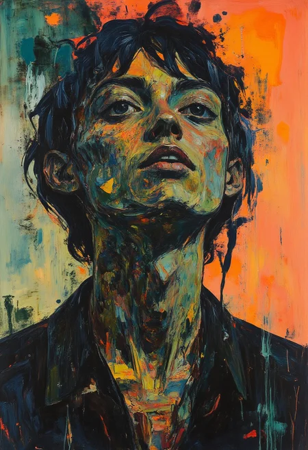 neo-experimental portrait, burnt film textures, multiplied ghost layers, inverted chromatic shifts, consciousness fragments splitting through thermal decay --style raw m0d3rnstr0k3s
