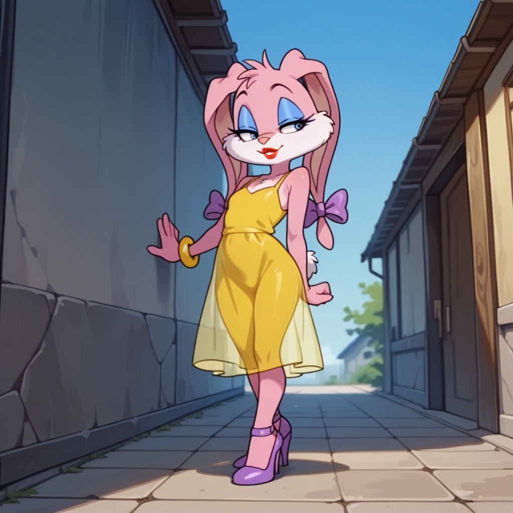 masterpiece, best quality, amazing quality, babsttail, anthro, female, rabbit, pink fur, blue eyes, blue eyeshadow, red lipstick, yellow see-through dress, long skirt, purple high heel shoes, yellow bracelet, purple bows, standing, outside